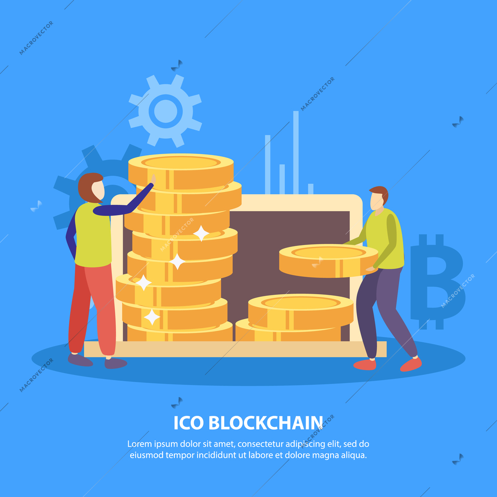 ICO initial coins offering flat symbols blue background poster with fund investors piling bitcoin tokens vector illustration