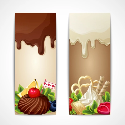 Sweets dessert food milk and white chocolate berries banners vertical vector illustration