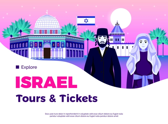 Israel travel background with tours and tickets symbols flat vector illustration