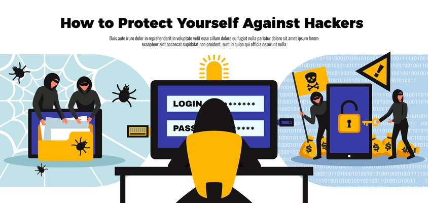 Hacker background with online security system symbols flat vector illustration