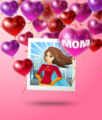 Mothers day composition of heart shaped balloons square photo with superhero mom character and gradient background vector illustration