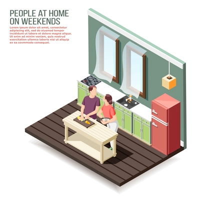 Loving couple at home in kitchen during cooking dinner at weekend isometric composition vector illustration