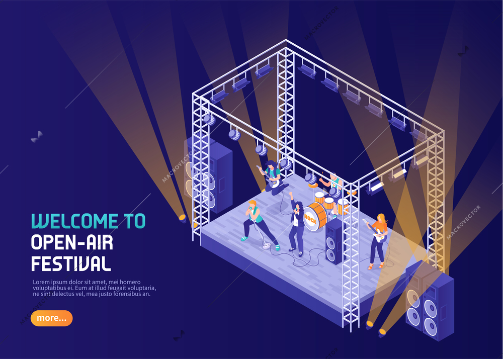 Open air music festival color background with musicians performing  on stage in spotlight isometric vector illustration