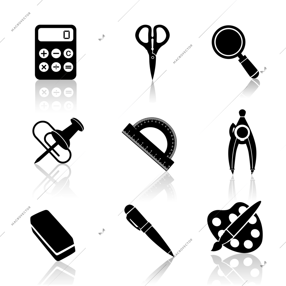 Black school education icons set of magnifier drawing compasses angle protractor isolated vector illustration.