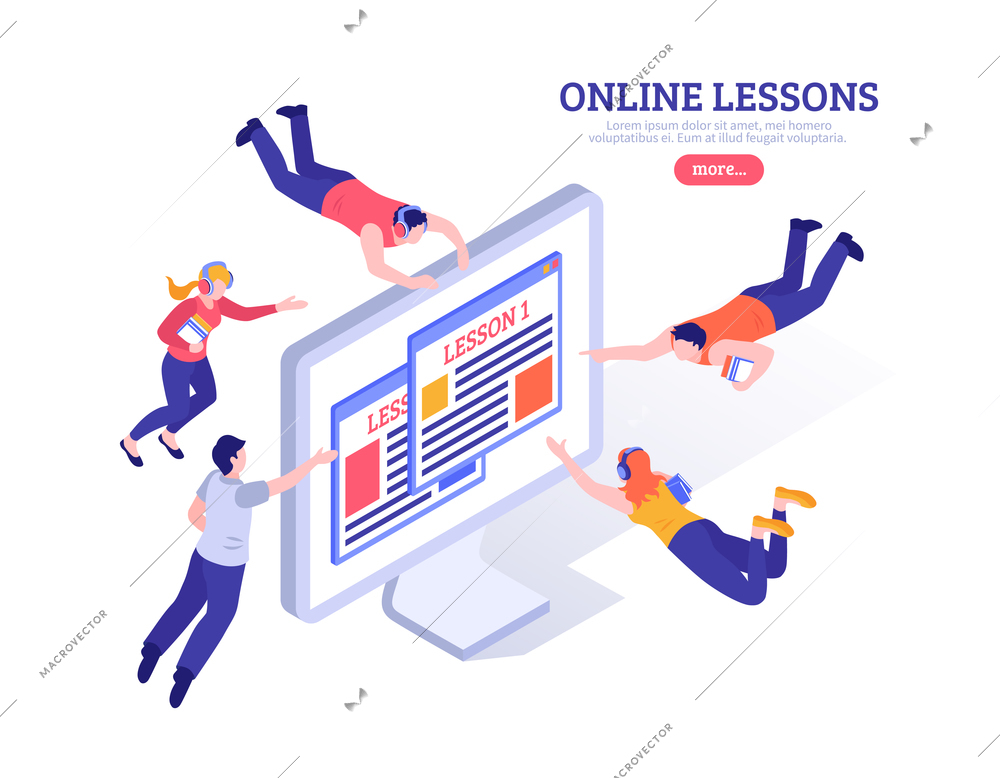 Online lessons design concept with small people flying around big pc screen with app for distance study isometric vector illustration