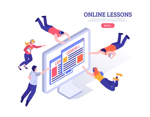 Online lessons design concept with small people flying around big pc screen with app for distance study isometric vector illustration