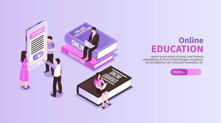 Online education horizontal banner with small people figurines sitting on big tutorials promoting distance study isometric vector illustration