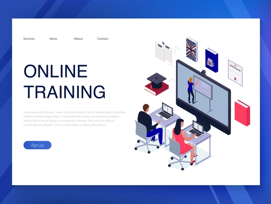 People training online horizontal isometric banner on blue background 3d vector illustration