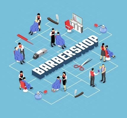 Barber shop stylists and customers professional accessories and interior elements isometric flowchart on blue background vector illustration