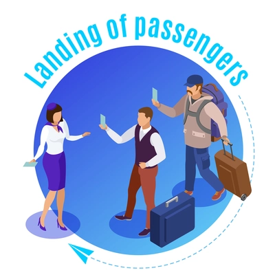 Travel people round background illustrated airport employee controlling landing of airplane passengers isometric vector illustration