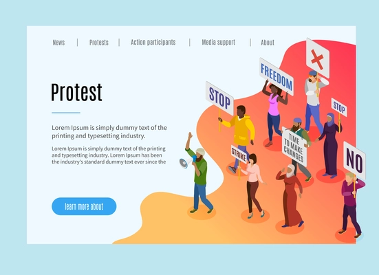 Politic protest landing page with text and visual information about motive of people  demonstration and strike isometric vector illustration