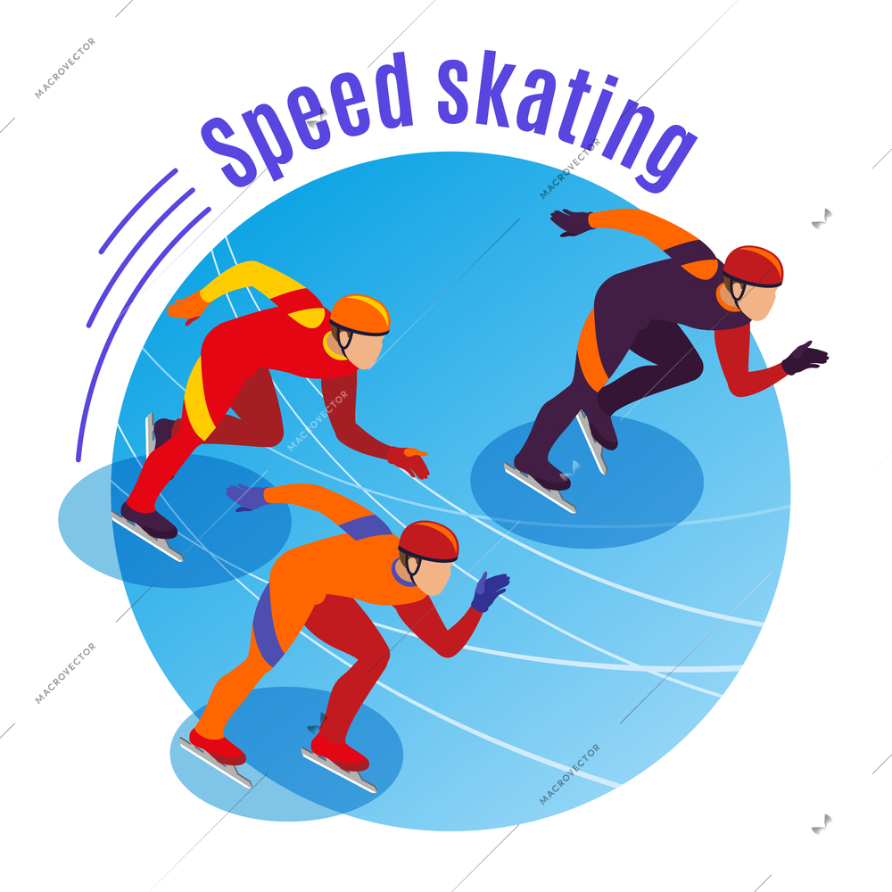 Speed skating round background with three sportsmen competing on treadmill isometric vector illustration