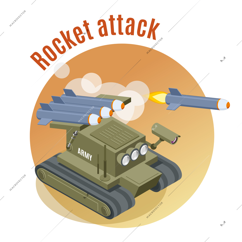 Rocket attack round background with shooter robot tank in engaged war action isometric vector illustration