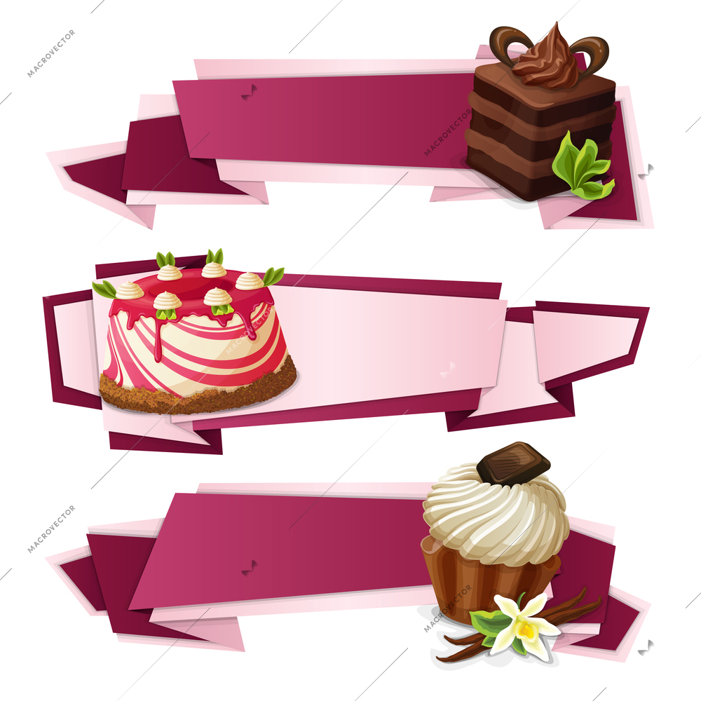 Decorative sweets food paper banners set with layered cake panna cotta vanilla muffin dessert isolated vector illustration