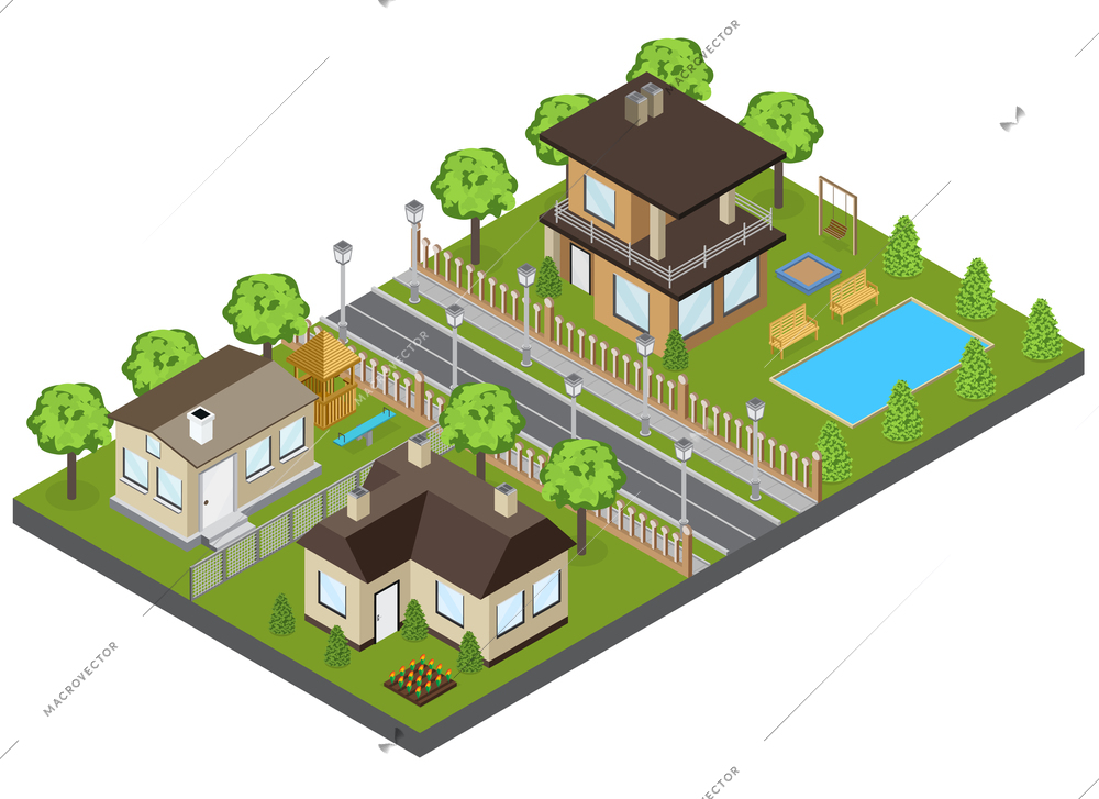 Suburbia area buildings with town houses and cottages isometric vector illustration