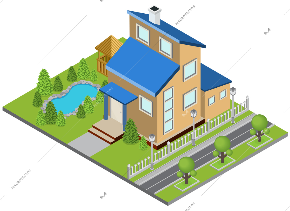 Suburbia building concept with town house swimming pool isometric vector illustration