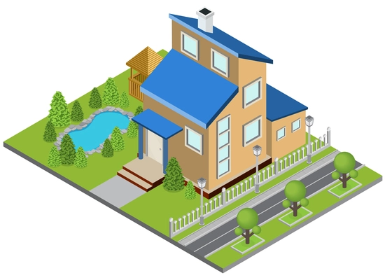 Suburbia building concept with town house swimming pool isometric vector illustration