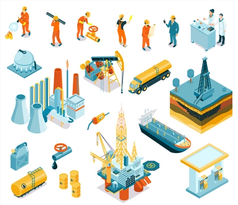 Isolated isometric oil industry workers icon set with employers working at the factory vector illustration