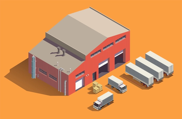 Industrial buildings isometric composition with fabric storage shed and set of trucks with containers and boxes vector illustration