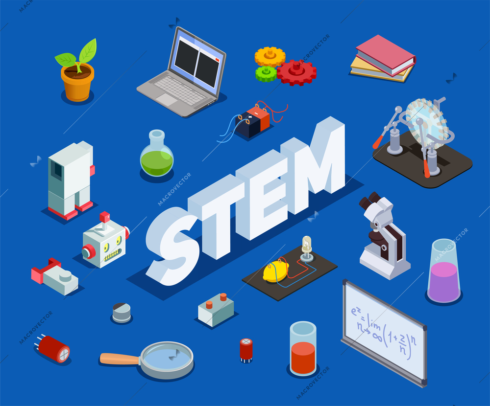 STEM education isometric composition with cumbersome text and isolated items related to science technology engineering mathematics vector illustration