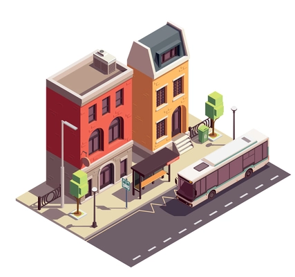 Townhouse buildings isometric composition with outdoor landmark bus stop and two dwelling houses on city street vector illustration