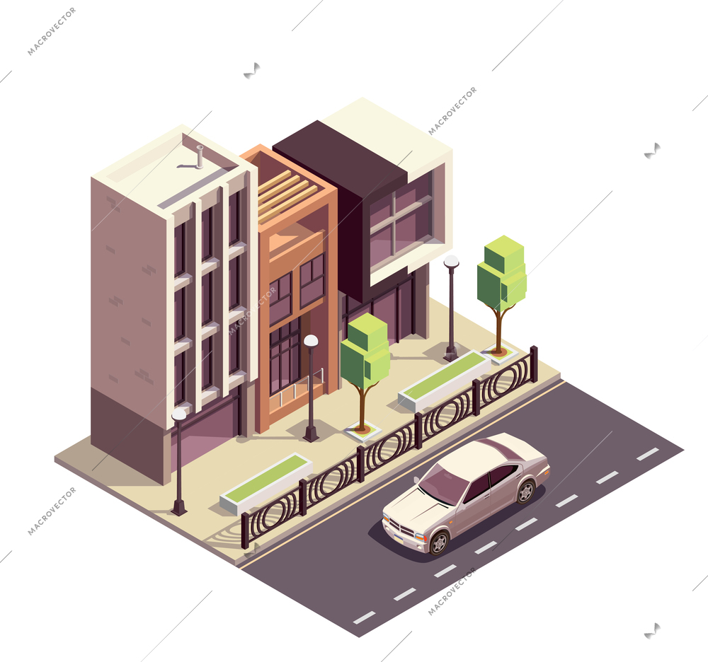 Townhouse buildings isometric composition with row of modern houses sidewalk pavement and motorway with street scenery vector illustration