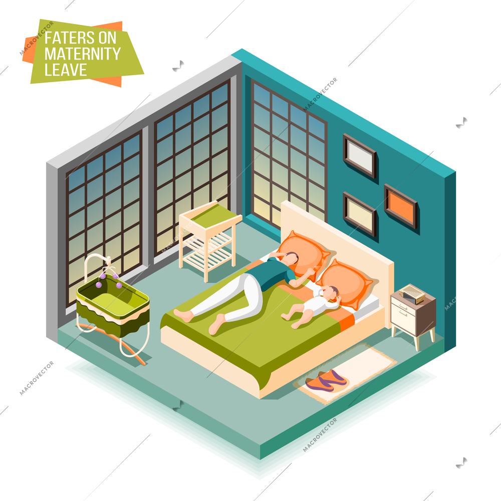 Fathers on maternity leave isometric composition illustrated rest with child after day fatigue vector illustration
