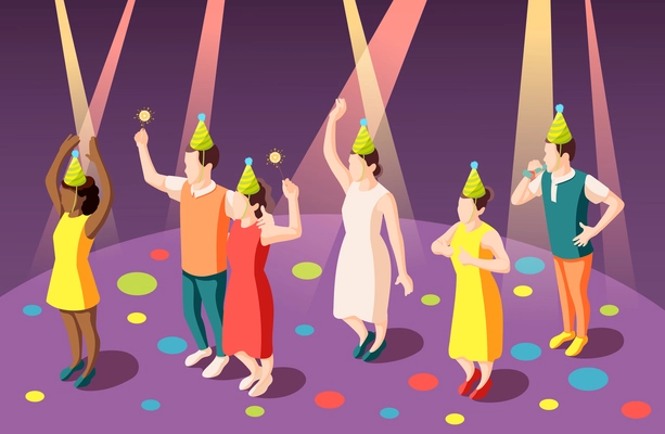 Birthday party isometric composition with funny people in clown hats in spotlights vector illustration