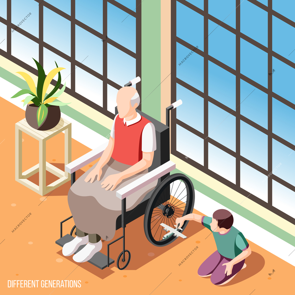 Different generations isometric background with senior man in wheelchair watching  playing grandson vector illustration
