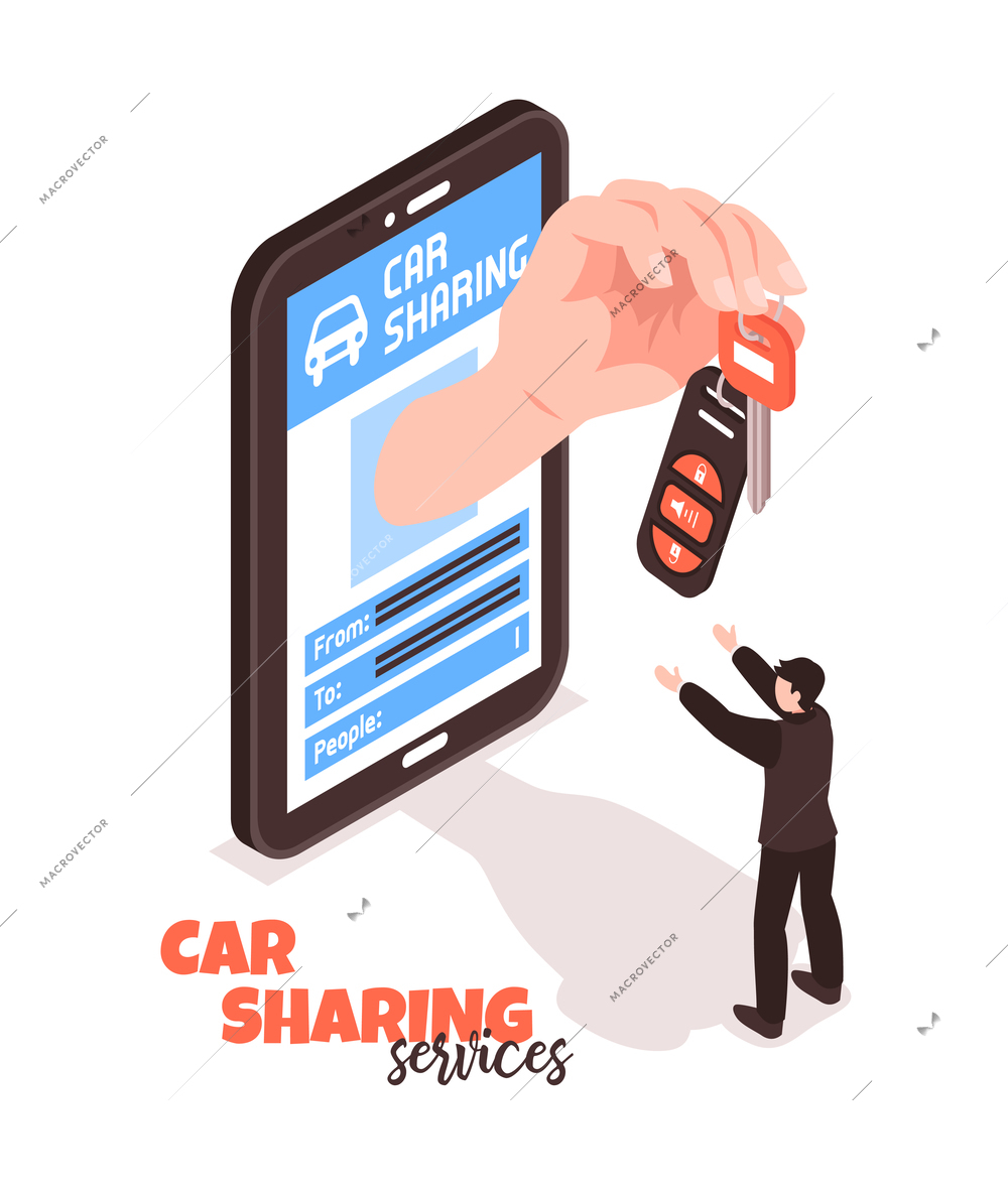 Car sharing service isometric concept with man taking keys 3d vector illustration