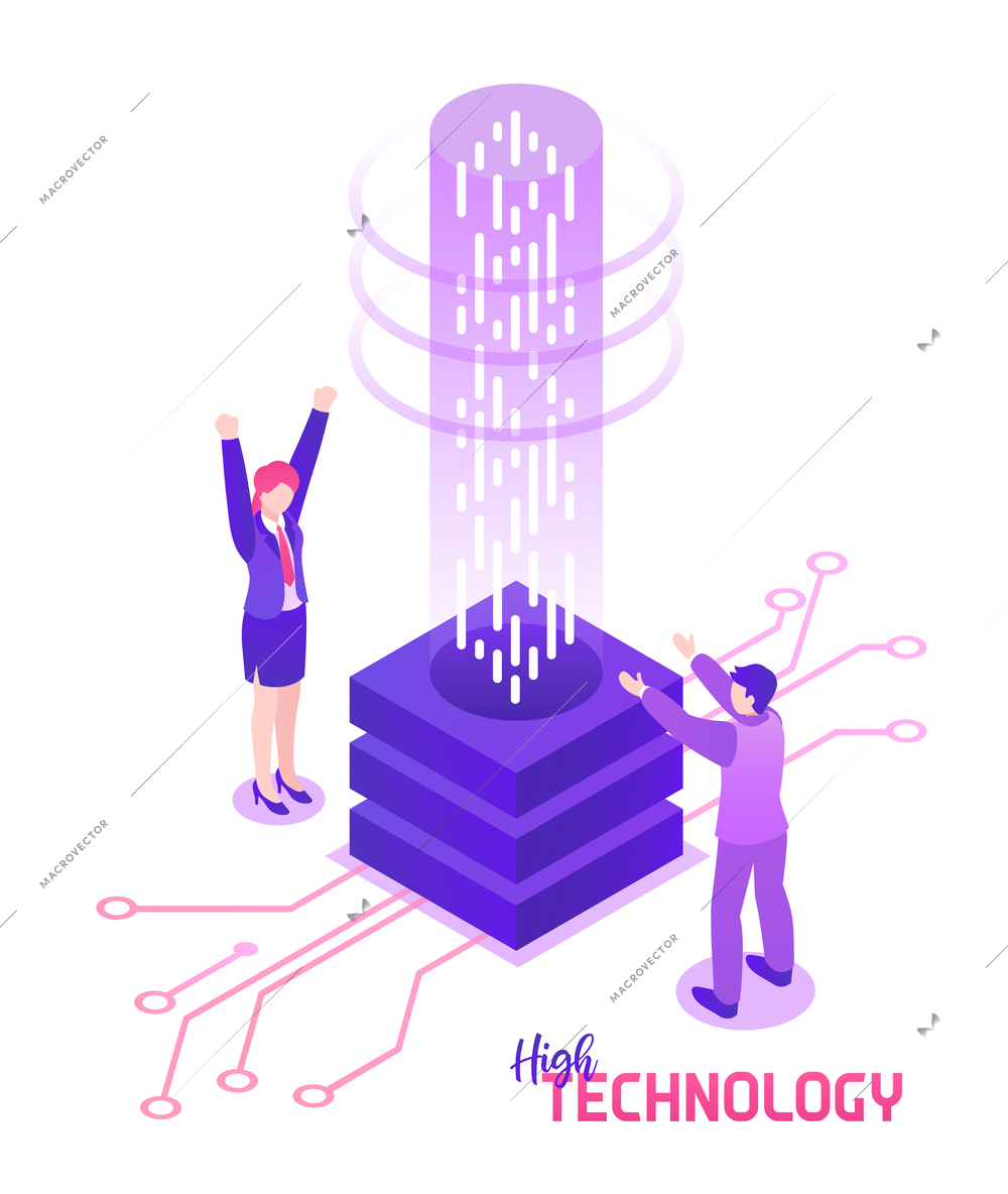 People with high technology device from future isometric concept on white background 3d vector illustration