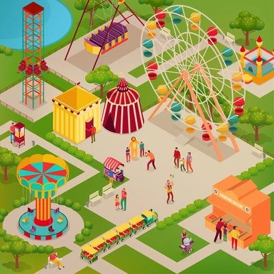 Amusement park with circus and various attractions street food adults and kids isometric vector illustration