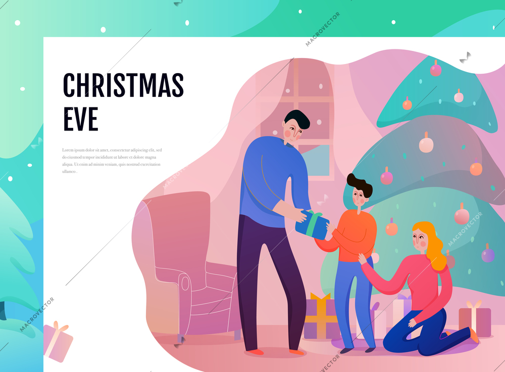 Family parents and son near xmas tree with gifts during christmas eve flat vector illustration