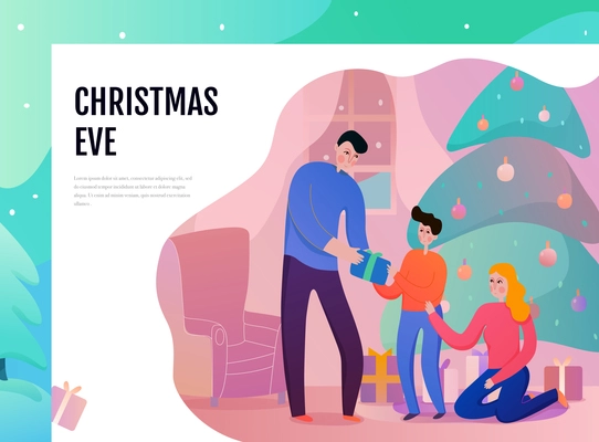 Family parents and son near xmas tree with gifts during christmas eve flat vector illustration