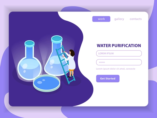 Water purification isometric colored composition with water purification button get started and registration form vector illustration