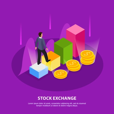 Stock exchange isometric composition with stock exchange headline and abstract elements vector illustration