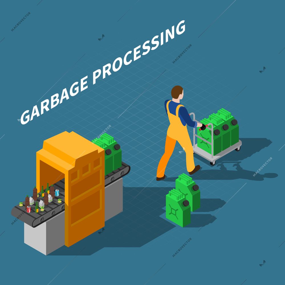 Garbage recycling isometric composition with conveyor machine processing waste into fuel with worker character and text vector illustration