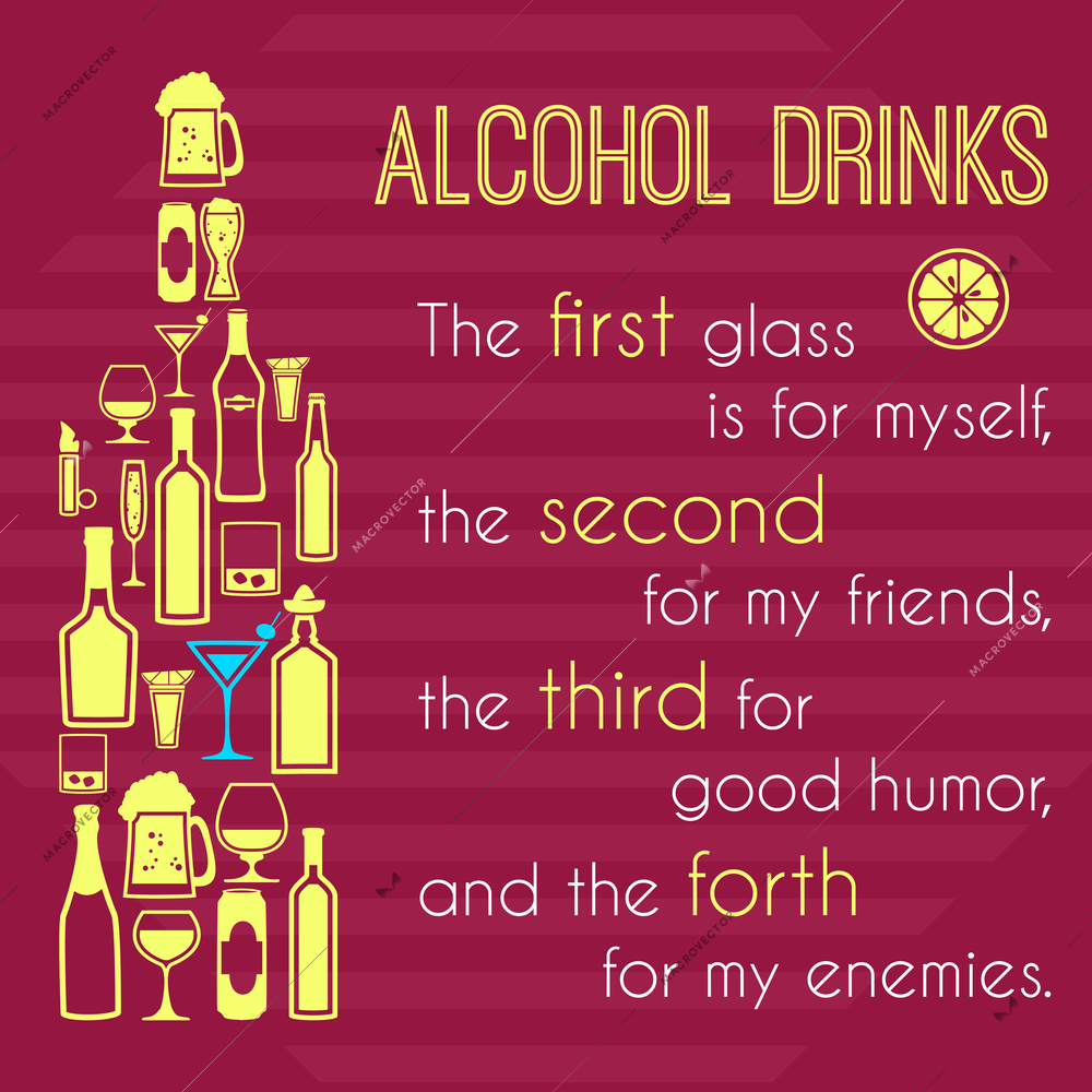 Alcohol poster with bottle icons and quote text vector illustration