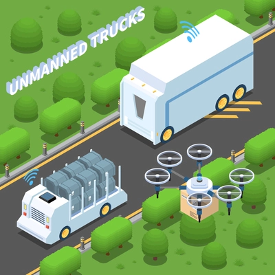 Autonomous car driverless vehicle robotic transport isometric composition with view of suburban motorway and unmanned trucks vector illustration