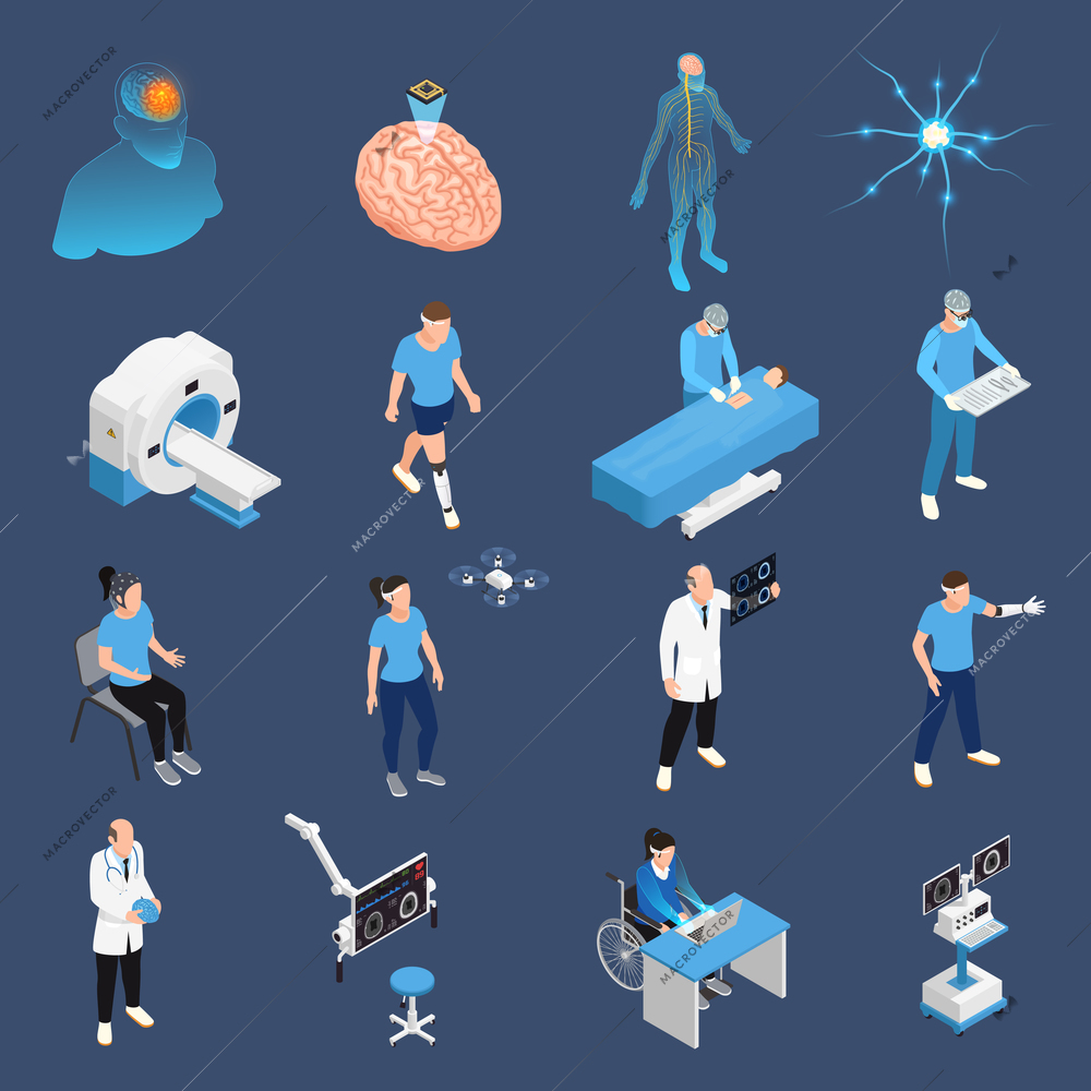 Neurology and neural surgery icons set isometric isolated vector illustration