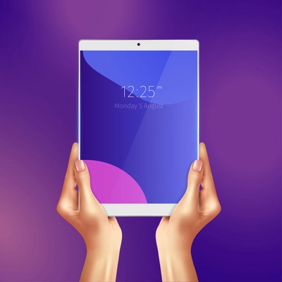 Hands holding realistic white tablet with date and time at screen on purple background vector illustration