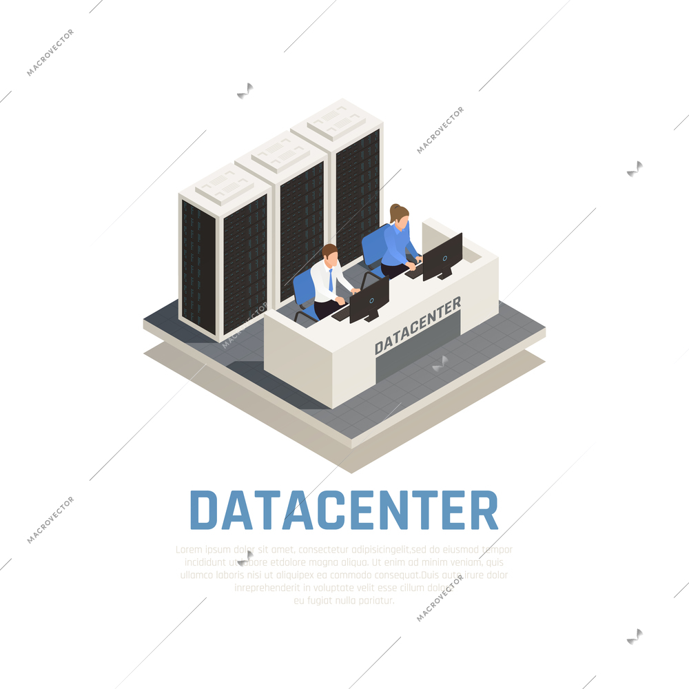 Datacenter concept with connection software and hardware symbols isometric vector illustration