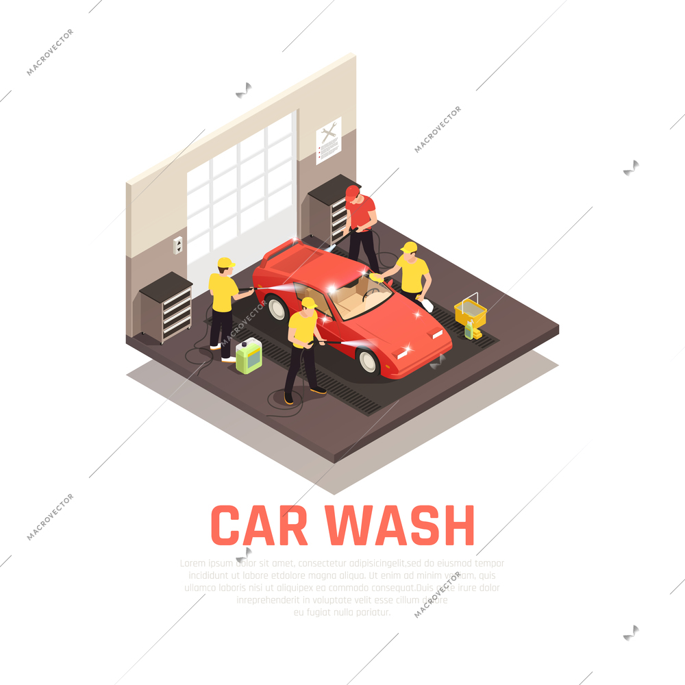 Carwash isometric consept with self service and automatic car wash symbols vector illustration