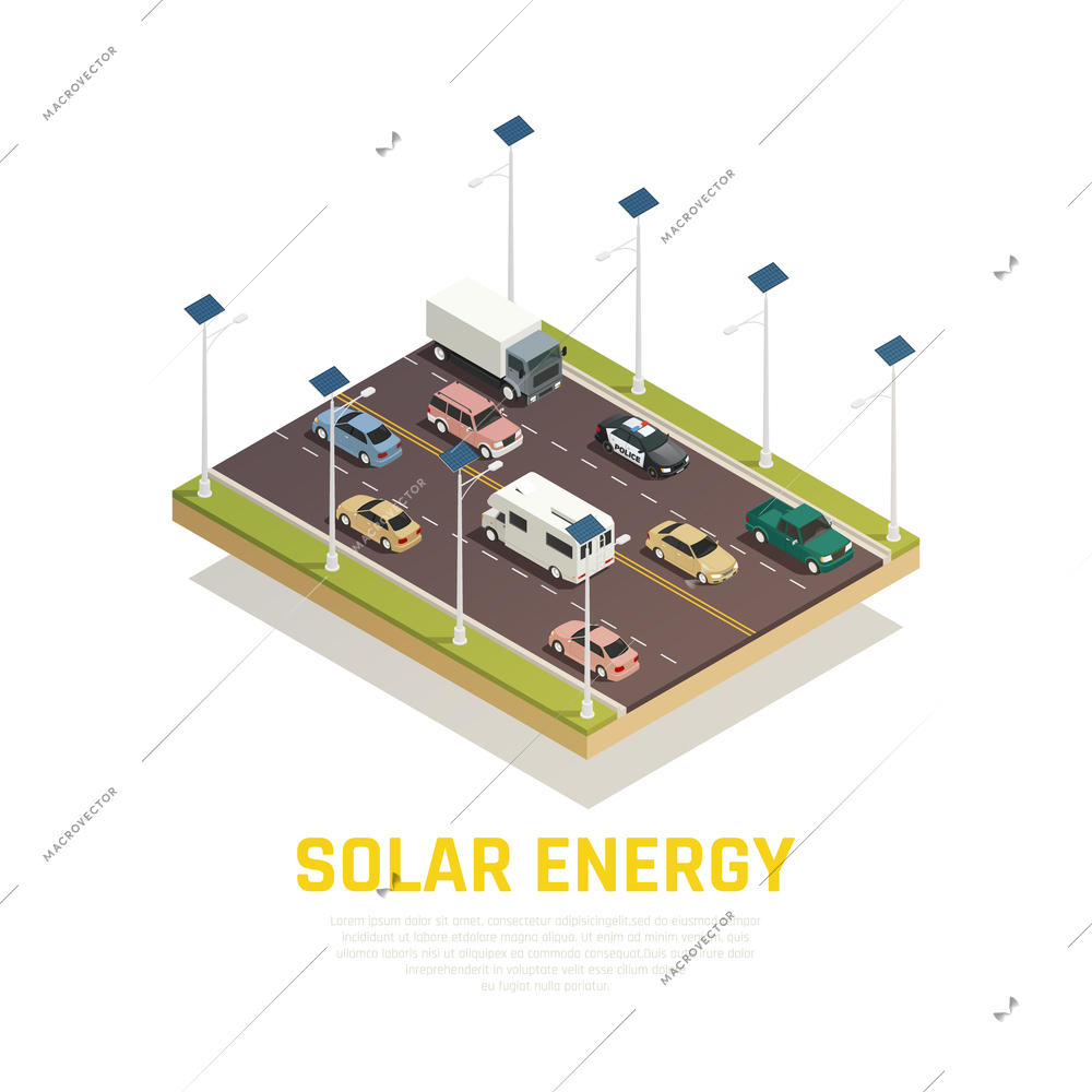 Solar energy concept with cars batteries and road isometric vector illustration