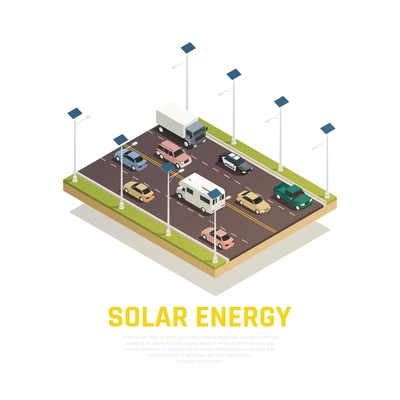 Solar energy concept with cars batteries and road isometric vector illustration