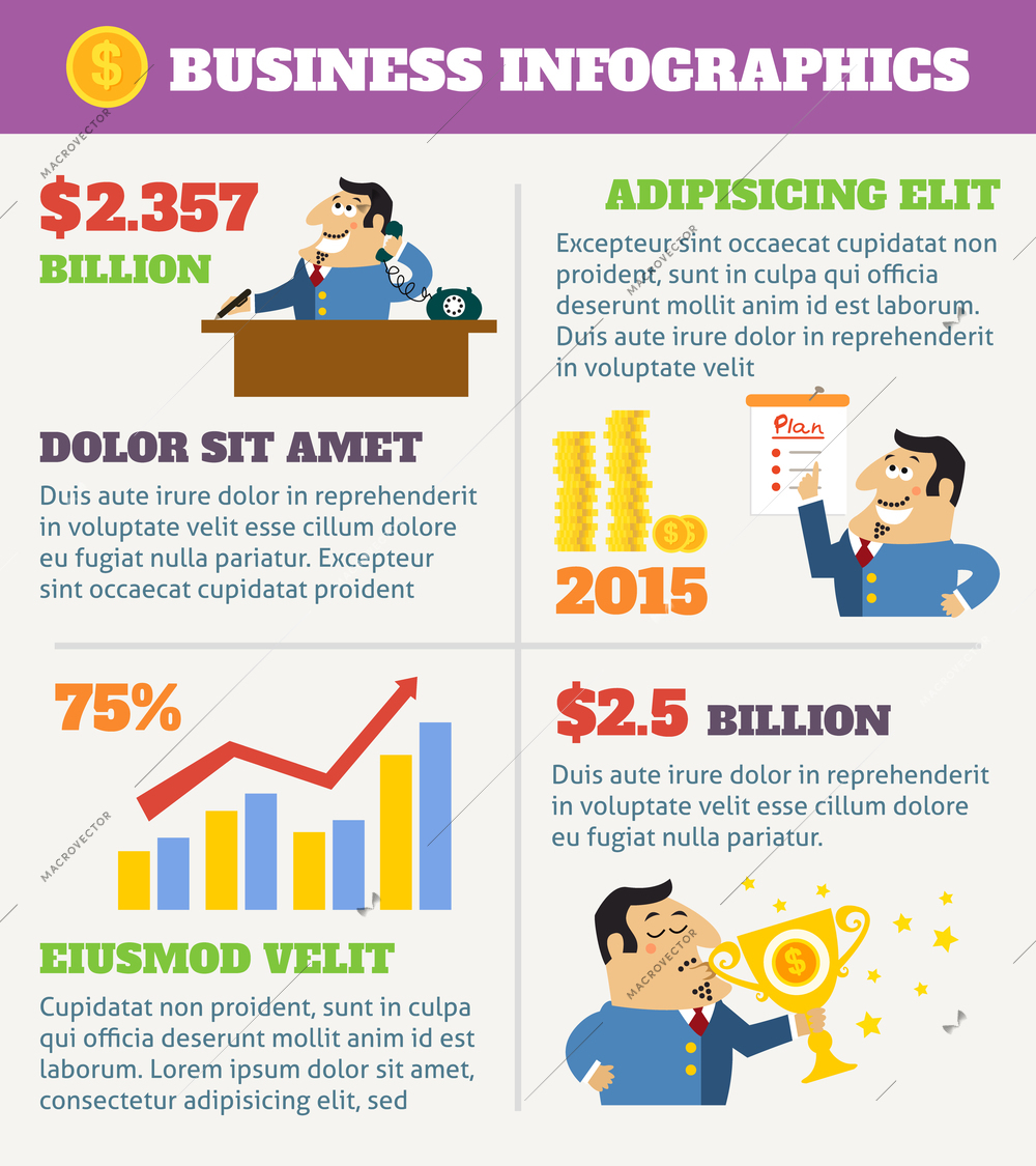 Business life infographics with boss at desk shareholder with plan and award vector illustration.