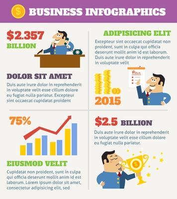 Business life infographics with boss at desk shareholder with plan and award vector illustration.