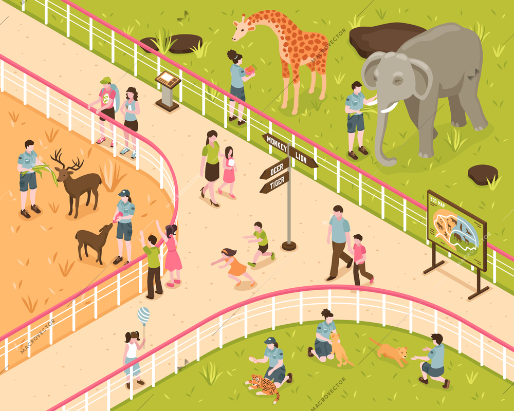 Isometric zoo composition with human characters of kids and adults with wild animals behind park fence vector illustration