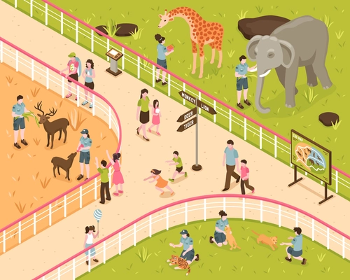 Isometric zoo composition with human characters of kids and adults with wild animals behind park fence vector illustration