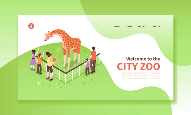 Isometric zoo workers horizontal banner website page with clickable text editable captions people characters and giraffe vector illustration